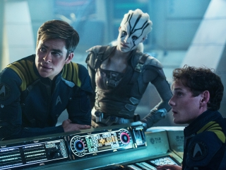 Left to right: Chris Pine plays Kirk, Sofia Boutella plays Jaylah and Anton Yelchin plays Chekov in Star Trek Beyond from Paramount Pictures, Skydance, Bad Robot, Sneaky Shark and Perfect Storm Entertainment